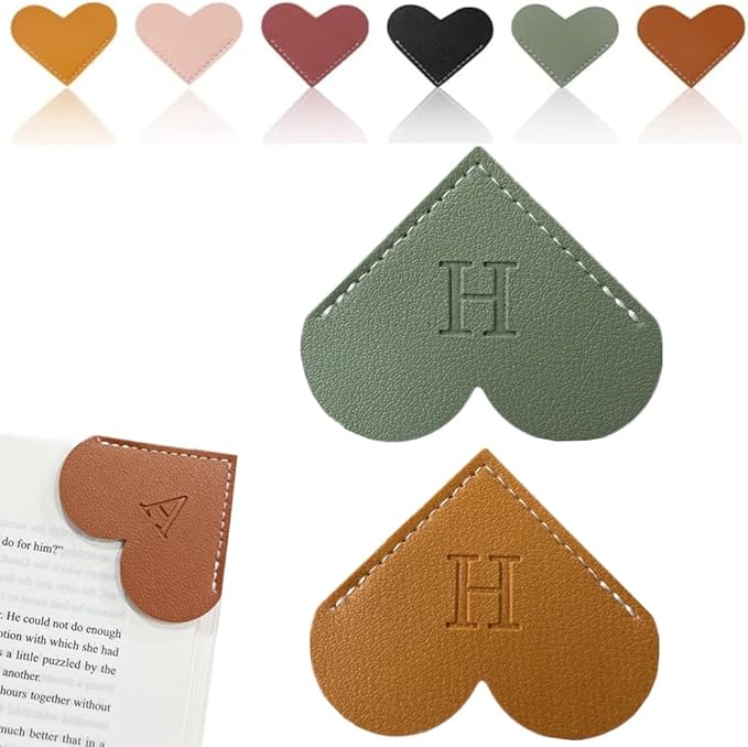 Personalized Leather Heart Bookmark, 26 Letters Customized Corner Book Mark for Reading Women, Book Marker with Initials，Cute Gifts (Green+Light Brown, H)