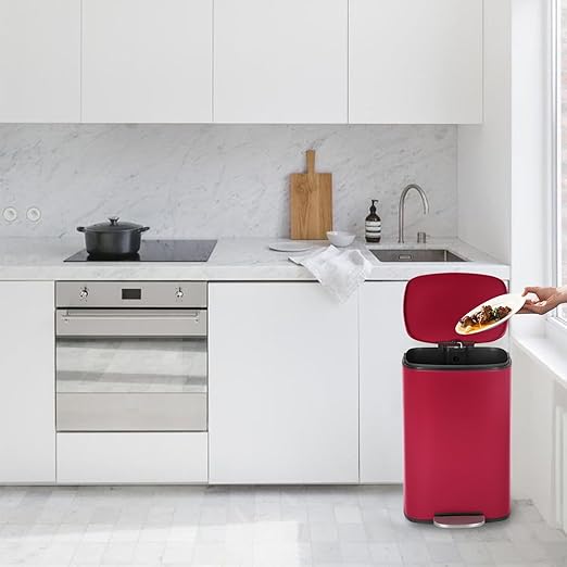 PayLessHere Stainless Steel Trash Can with Lid - Removable Inner Bucket, Foot Pedal, Soft Close for Office, Home, Kitchen (Red, 13 G)