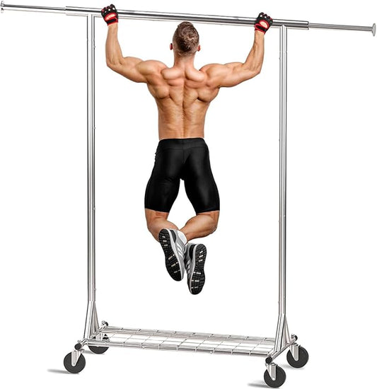 Clothing Garment Rack Capacity 550LBS Rolling Clothes Rack on Wheels - Heavy Duty Collapsible Commercial Storage Organizer - Mobile Clothes Rack with Multifunctional Design (Silver)