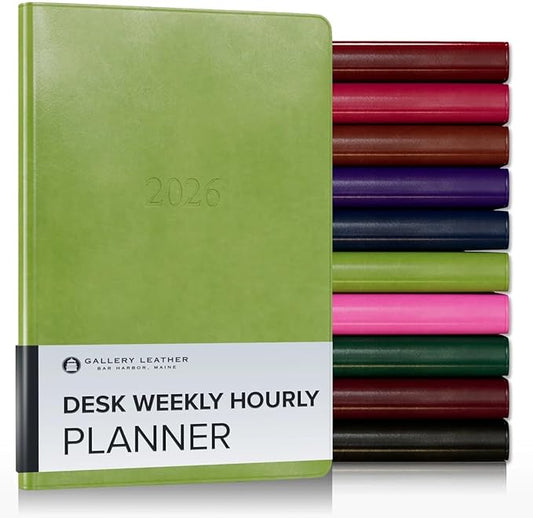 Gallery Leather Desk Hourly Weekly Monthly Planner 2025-2026, Elegantly Bound Calendar Planner and Notebook with Stylish Gold-Gilded Page Edges, 12 Months - Acadia Lime - 8 x 5.5 "