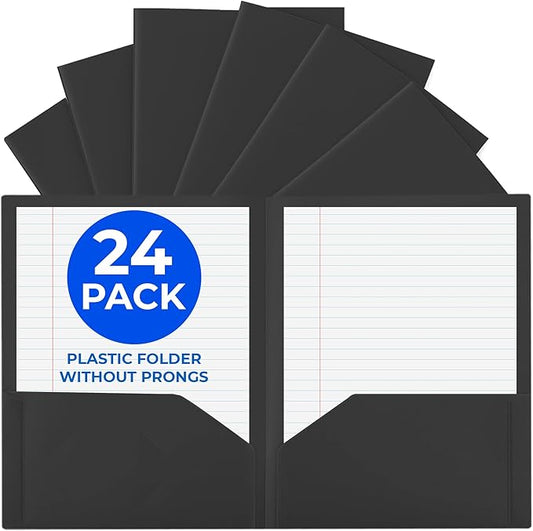 24 Pack Black Plastic Folders with Pockets Heavy Duty. 2 Pocket Folder no Prongs Bulk. Tear-Resistant Letter Size 8.5x11. Presentation Ready School and Office Supplies