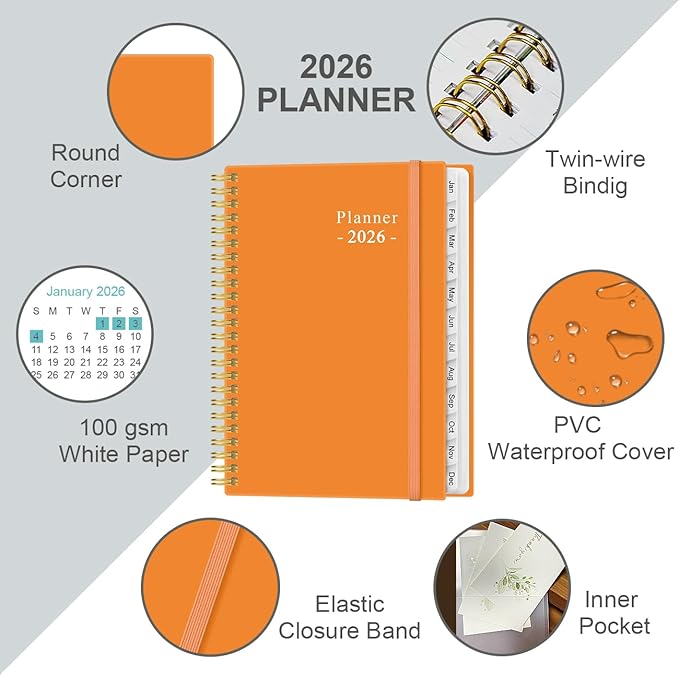 2026 Planner - Planner 2026 from January 2026 - December 2026, Weekly & Monthly Planner Spiral Bound with 12 Monthly Tabs, Inner Pocket, 6.4" x 8.5", Orange-E