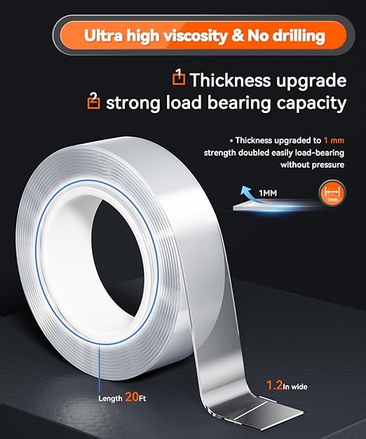 Strong Heavy Duty Double Sided Tape, 1.2" x 20FT Extra Large Clear & Tough Removable Nano Tape for Wall Hanging Strip Poster Deco Rug