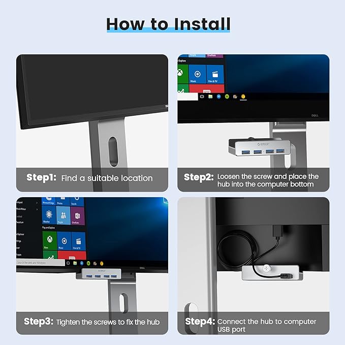 ORICO USB 3.0 Hub, USB Hub Clamp, Aluminum 4-Port USB Splitter with 4.92 FT USB Data Cable, Desktop Powered USB Hub for Monitors/Desks-Silver (Without Power Adapter)