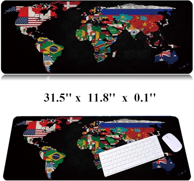 RTGGSEL 31.5x11.8 Inch Non-Slip Long Extended Large Gaming Mouse Pad with Stitched Edges XL Laptops Keyboard Mouse Mat(Black World Flag Map)