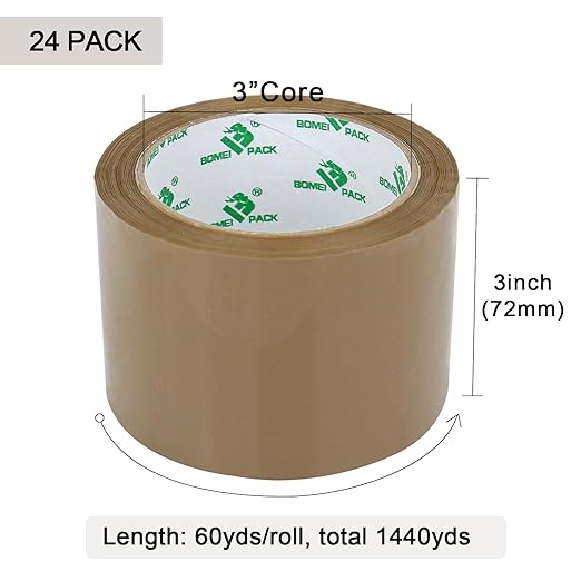 BOMEI PACK Brown Packing Tape 3 inch, 24 Refills Rolls Bulk Wide Packaging Tape for Moving, Shipping and Storage, 2.4 Mil x 60 Yards