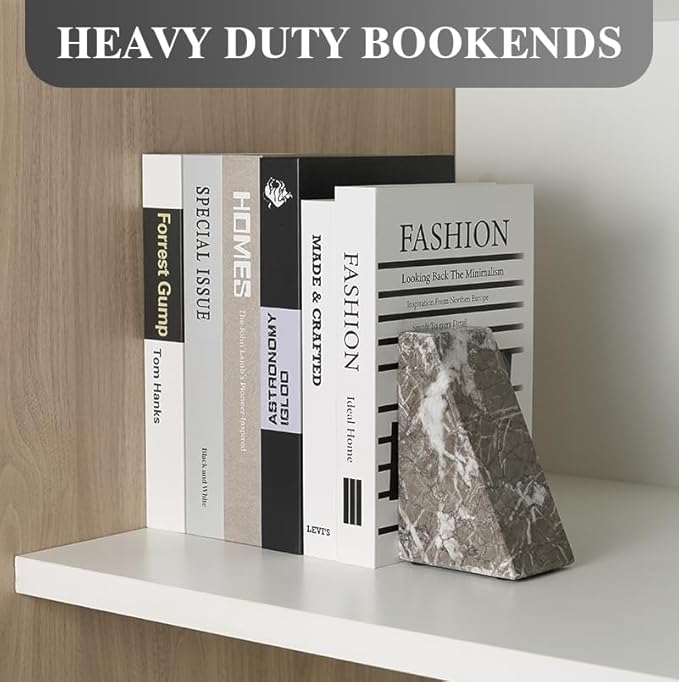 Koville Marble Bookends for Shelves, Large Bookends for Heavy Books, Natural Stone Book Stopper for Books CD Movies, Aesthetic Decorative Book Ends, Bookshelf Table Home Decor(Grey)