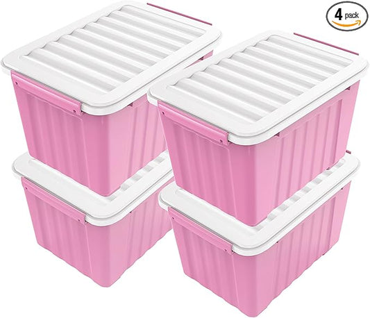 Nazhura Plastic Storage Bin, Stackable and Nestable Storage Boxes with White Lids and Secure Latching Buckles, Large Storage Container (Pink/White, 72Quart-4Pack)
