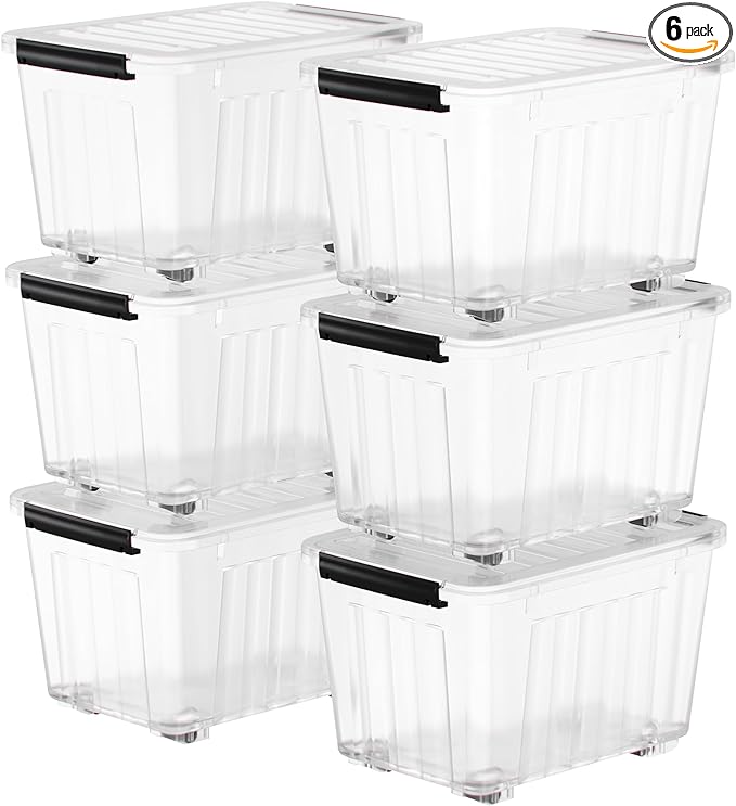 Nazhura 72 Quart Plastic Storage Bin, Stackable and Nestable Storage Boxes with Lids and Secure Latching Buckles, Large Storage Container (Clear, 72Quart-6Pack)