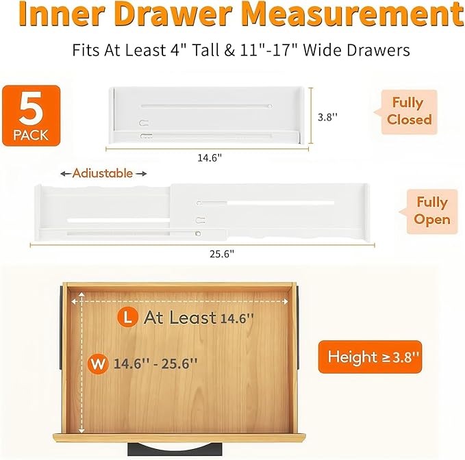 5 Pack Drawer Dividers 3.8" Slim Height Drawer Separators, Non-Slip Plastic Drawer Organizers Expandable 14.6"-25.6" for Shallow Drawers,Kitchen & Clothes Storage, Adjustable Office Drawer Divider