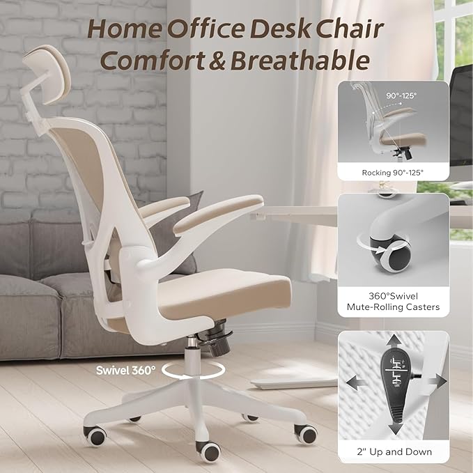 Ergonomic Office Chair with Adjustable Lumbar Support & Flip-Up Armrests - High Back Computer Desk Chair with Thickened Seat Cushion, Rolling Wheels for Home/Office Study Work