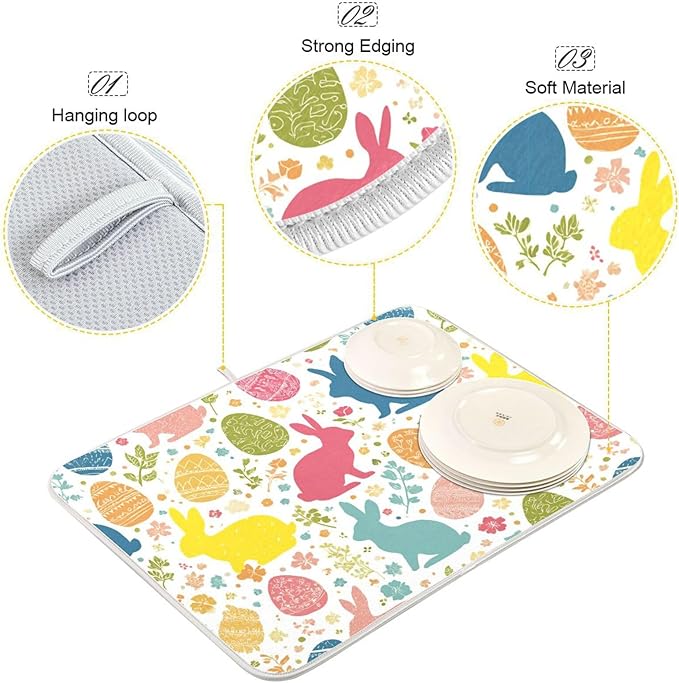 Flowers Eggs Bunny Easter Dish Drying Mat 16 X 18 Inches Spring Rose Leaves Peeps Rabbits Dry Dishes Pads Mats for Kitchen Tableware Protector Countertops Counter Home Decorations
