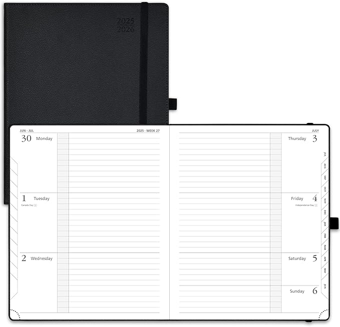 POPRUN Planner 2025-2026 (Large 8.5''x 10.5''), Horizontal Weekly Notebook Jul.2025 - Jun.2026, Academic Appointment Book with Monthly Tabs, Leather Hardcover, Inner Pocket, 100 GSM - Black