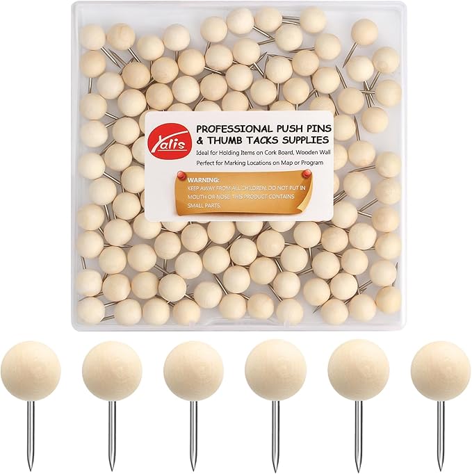 Yalis Wood Push Pins 120 Pcs,Decorative Wooden Thumb Tacks for Corkboard and Bulletin Board (120 pcs Map Tacks)