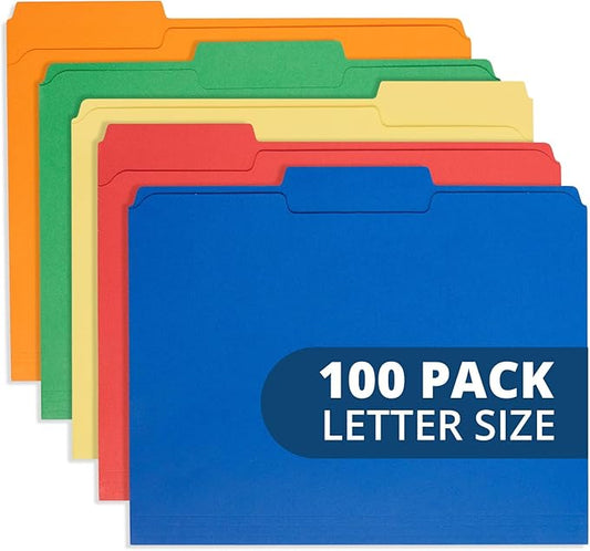 100 Blue Summit Supplies Colored File Folders Letter Size with 1/3 Cut Tabs, Assorted Colored Folders, Durable 11pt Paper, Colorful File Folders for Files, Multi Color File Folders, Reinforced Tabs