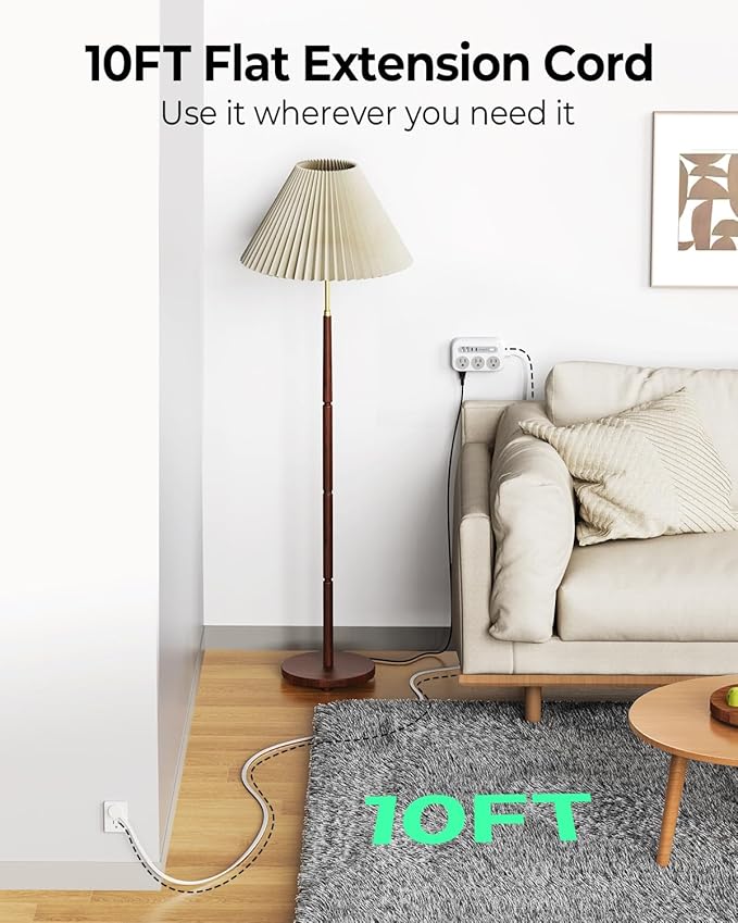 ORICO Surge Protector Power Strip, Multiple Outlets Extension Cord with 6 AC Outlets 2 USB-A and 2 USB-C Ports, 10 ft Long Flat Plug Power Strip, Mountable Outlet Extender for Dorm/Office/Home- OG