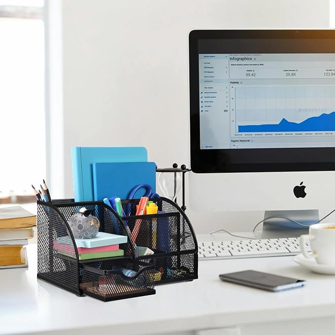 Comix Mesh Pen Pencil Holder Desk Organizer, 7 Compartment Wire Desktop Pen Pencil Cup Caddy Office Supplies for Home Office School, Black