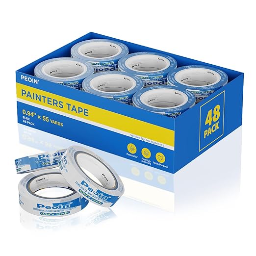 Blue Painters Tape 1 Inch Bulk, 48 Roll Painting Tape Blue Masking for Painting Wall DIY Edge, Paint 0.94 Inch 55 Yards X 48 Rolls 2640 Total Yards