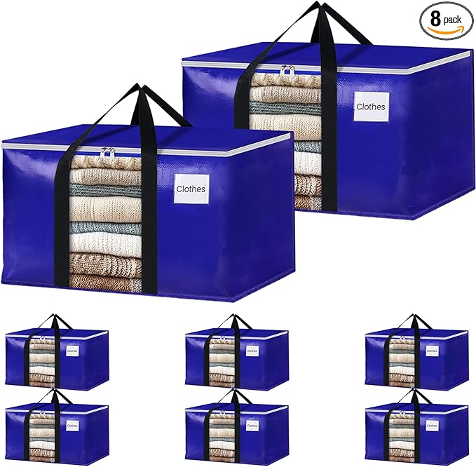BlissTotes 8 Pack Moving Bags with Clear Window, Storage Bags with Strong Carrying Handles & Zippers,Large Packing Bags for Saving Space, Alternative to Moving Boxes(Blue,20 Gallon)