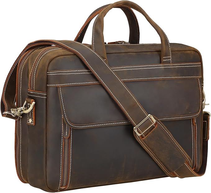 Masa Kawa Leather Briefcase for Men 15.6" - 17" Laptop Computer Case Business Travel Work Messenger Cross Body Shoulder Bag