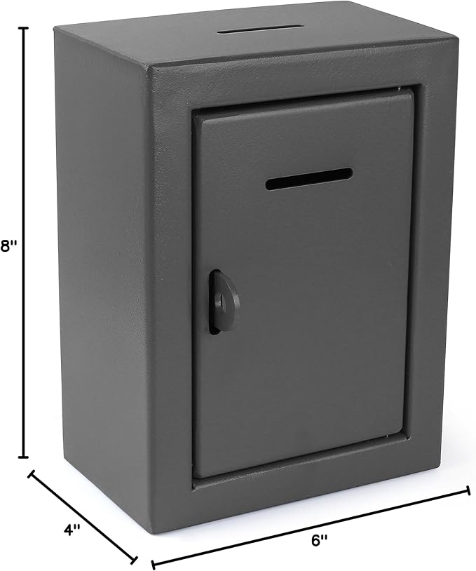 Metal Charity Donation Box - Secure Steel Collection Box with Front Slot, Easy Wall Mount, 8.5x6.5x4" Gray