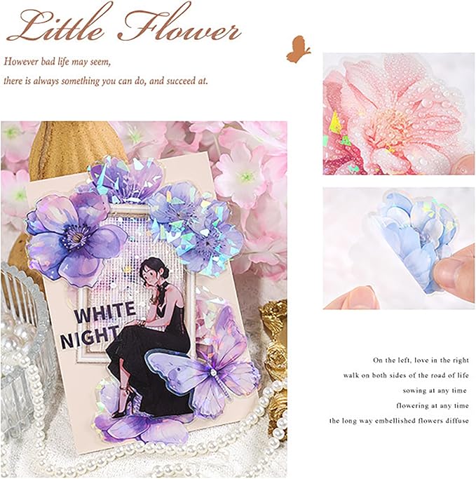 Doraking 60 Pieces Glitter Shiny Flower Stickers for Journaling, Waterproof Decorative Decal for Scrapbooking Supplies Journal Planners Art Crafts Photo Album Decor (Yellow)