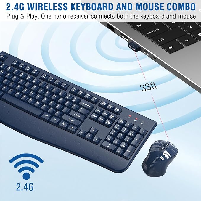 Wireless Keyboard and Mouse Combo, EDJO 2.4G Full-Sized Ergonomic Computer Keyboard with Wrist Rest and 3 Level DPI Adjustable Wireless Mouse for Windows, Mac OS Desktop/Laptop/PC(Galaxy Blue)