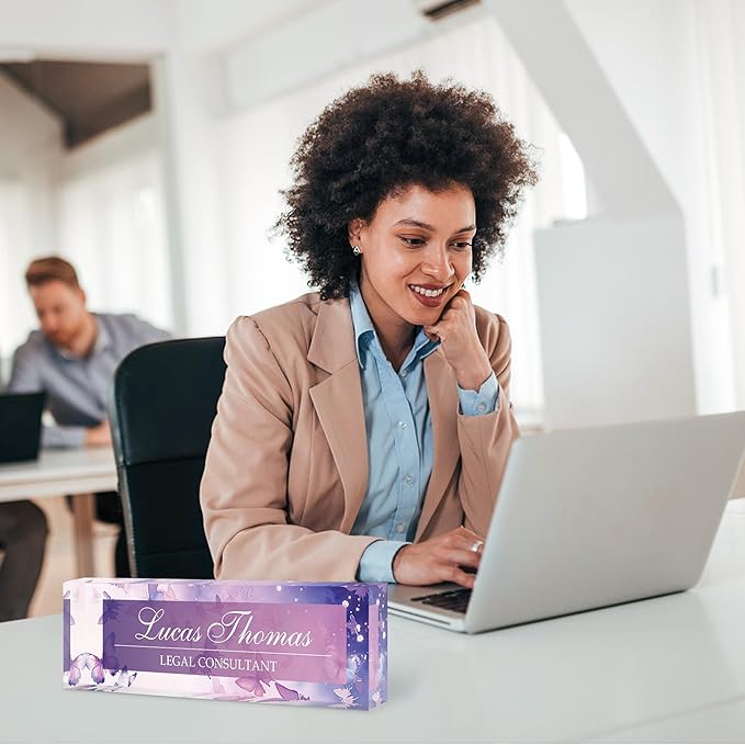 Custom Name Plate for Desk, Personalized Acrylic Office Name Sign with Name & Title, Elegant Desk Decor for Women Men, Employee Appreciation Gift (Purple Butterfly)