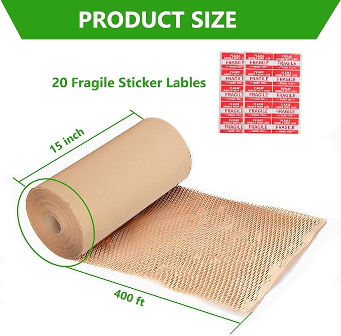 Honeycomb Packing Paper Wrap 15"x400' Sustainable Alternative to Bubble Cushioning Wrap Biodegradable & Fully Recylable for Moving/Shipping/Packing Roll with 20 Fragile Stickers