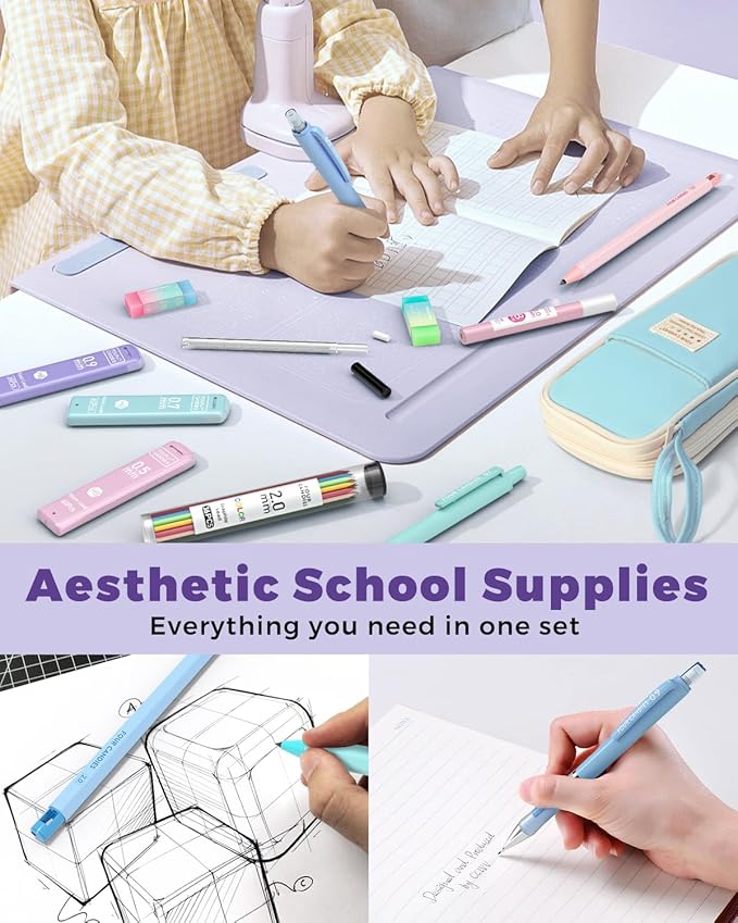 Four Candies 36PCS Aesthetic School Supplies, Mechanical Pencil Set 0.5mm, 0.7mm, 0.9mm & 2.0mm with 624 Lead Refills, Back to School Supplies for Writing & Drawing, Ideal Stationary Set Gift (Blue)