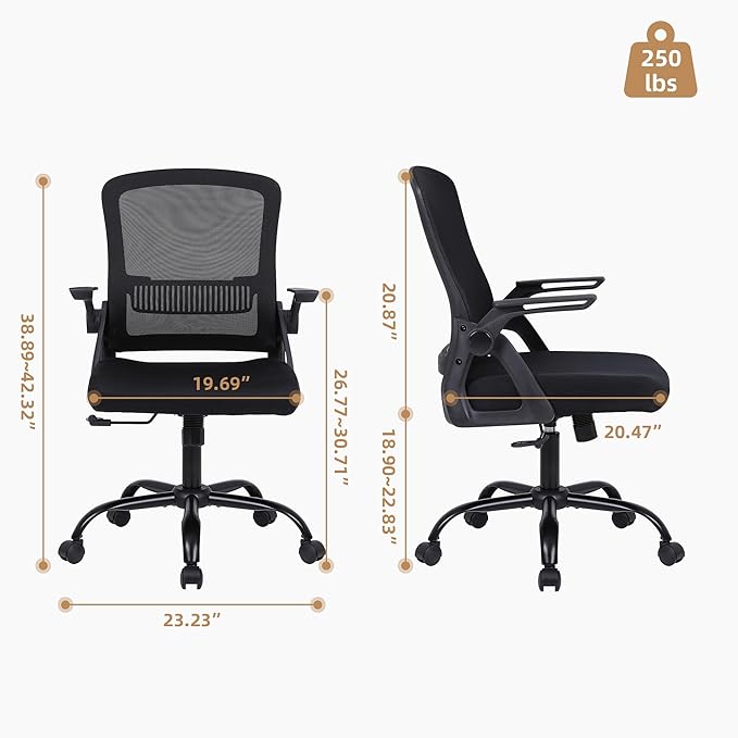 Office Chair, Ergonomic Desk Chair with Lumbar Support, Breathable Mesh Chair with Flip-up Armrests and Mid Back, Comfy Task Computer Height Adjustable Swivel Chair (4, Black)