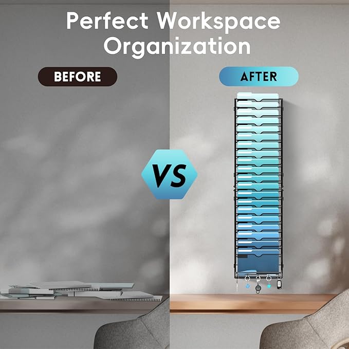 21-Tier Hanging Wall File Organizer with 5 Hooks, Wall File Holder with Labels, Vertical Wall Mount Mail Organizer for Papers, Folders, Magazines, Office Organization, Assembly Needed, Black