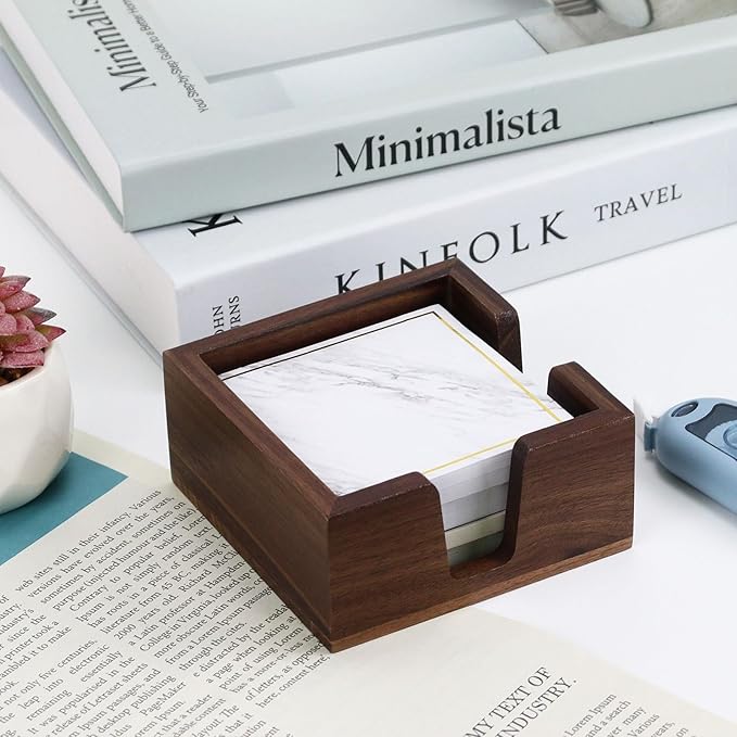 Wood Sticky Note Holder, Self Stick Note Pad Holder, Post It Note Dispenser Desk Organizer Walnut Wood Office Desk Accessories for School Office Desk Supplies - Black