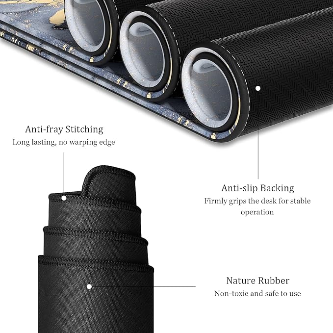 Desk Mat, 32" x 16" XXL Extended Large Gaming Mouse Pad, Desktop Decor Desk Pad, Cute Men Women Office Supplies and Accessories, XL Mouse Mat for Laptop & Keyboard, Blue Gray Gold Marble