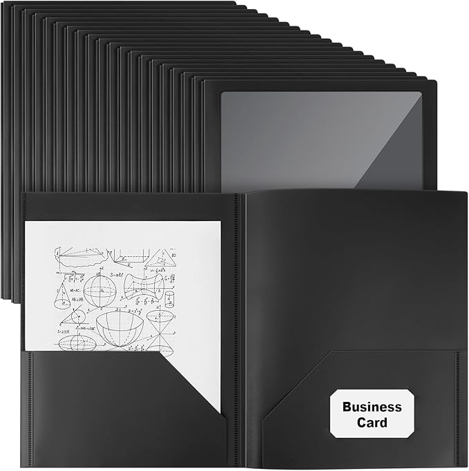 Teling 48 Pcs Plastic Folders with Front Clear Pocket and Business Card Holder 2 Pocket Heavy Duty Folders Plastic Letter Size Paper for Business School Office Supplies (Black)