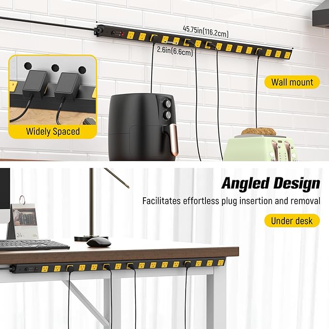 HHSOET 16 Outlet Long Power Strip, 4FT Heavy Duty Power Strip with 4800J Surge Protection, 20a Mountable Wide-Spaced Outlets for Home, Office, Garage & Workshop - ETL Certified