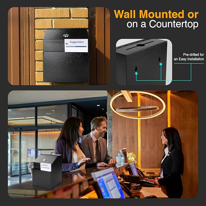Suggestion Box with Slot and Lock Metal 8.4 x 5.8 x 7.0 inch Built-In Storage Compartment 50 Suggestion Cards Tip Jar Ballot Voting Prayer Comment Teacher Mailbox Booth Classroom Restaurant