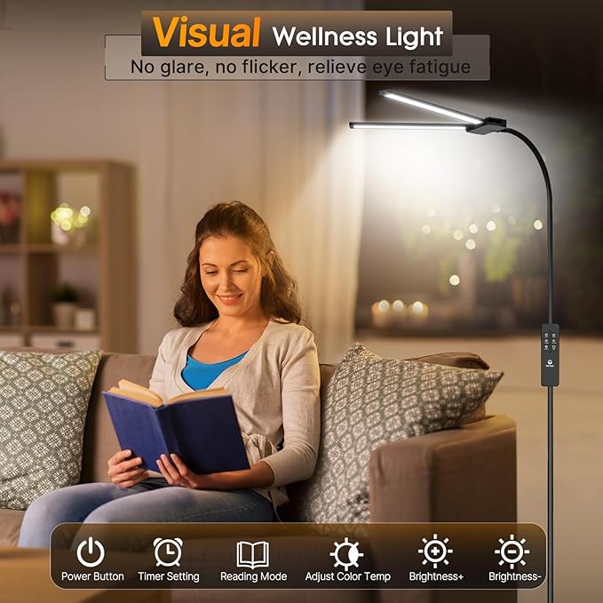 Syrinx LED Floor Lamp, Dual Head Gooseneck Floor Lamps for Living Room with Gesture Switch & Remote Control, 14W Bright Tall Standing Lamp Modern Eye-Caring Reading Floor Lamp for Bedroom Office