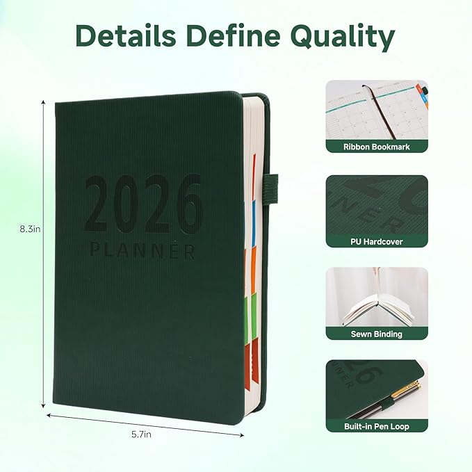 Picoway 2026 Planner A5 400 Pages - Weekly and Monthly Daily Calendar with Thick Paper, One Full Page Per Day Planners from Jan. 2026 - Dec. 2026, Hardcover Notebook ，8.3" x 5.7" (Dark Green)