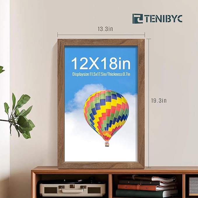 12x18 Frame Set of 4, Brown Grain, Walnut Wood & HD Tempered Glass, 12x18 Poster Picture Frame, Vertical & Horizontal Wall Hanging