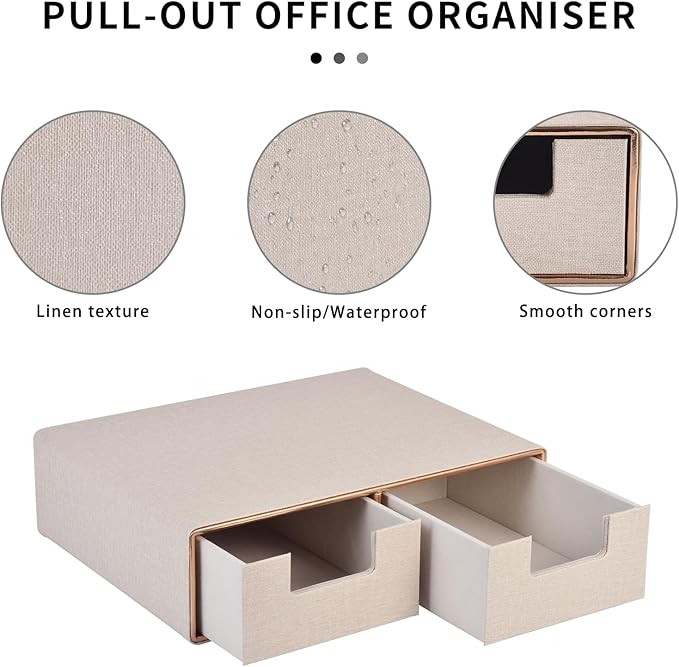 Linen Leather Desk Organizer with Drawers－Mini Desktop Drawer Organizer Stackable－Multifunctional Tabletop Organization Storage Box for Office Supplies Home Vanity Toiletries (Beige, 2-drawers)