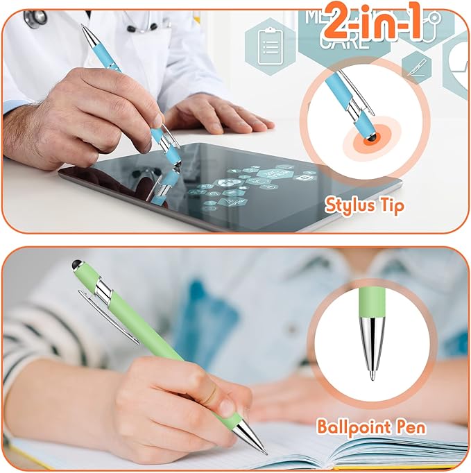 Yeaqee 100 Pieces Ballpoint Pen with Stylus Tip Click, 2 in 1 Black Ink, 1.0 mm Medium Point Stylus Metal Pen for Touch Screen Tablet(Assorted Colors)