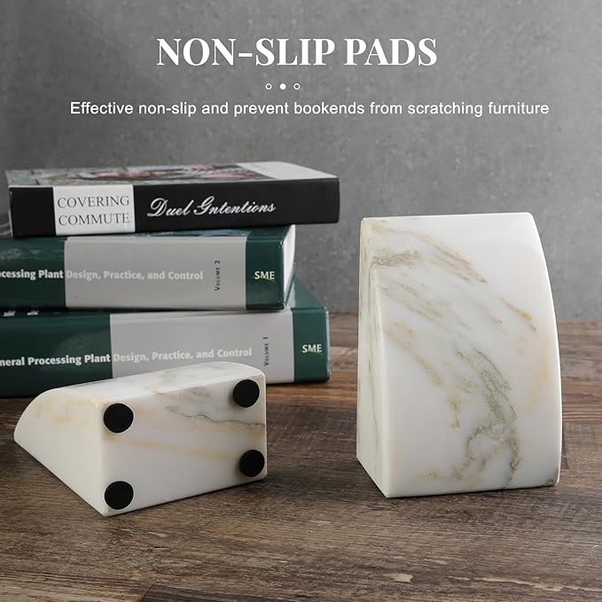 Koville Marble Bookends for Shelves, Large Bookends for Heavy Books, Natural Stone Book Stopper for Books CD Movies, Aesthetic Decorative Book Ends (Oriental Calacatta)