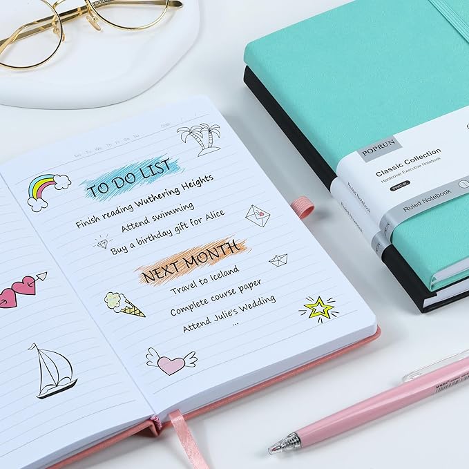 POPRUN A5 Lined Journal Notebooks, Leather Hardcover Thick Notebook for Writing, Business Work, Travel, School, College, Christmas, 5.5 x 8.3 inch, 240 Pages Classic Ruled Journals Notepad, Purple