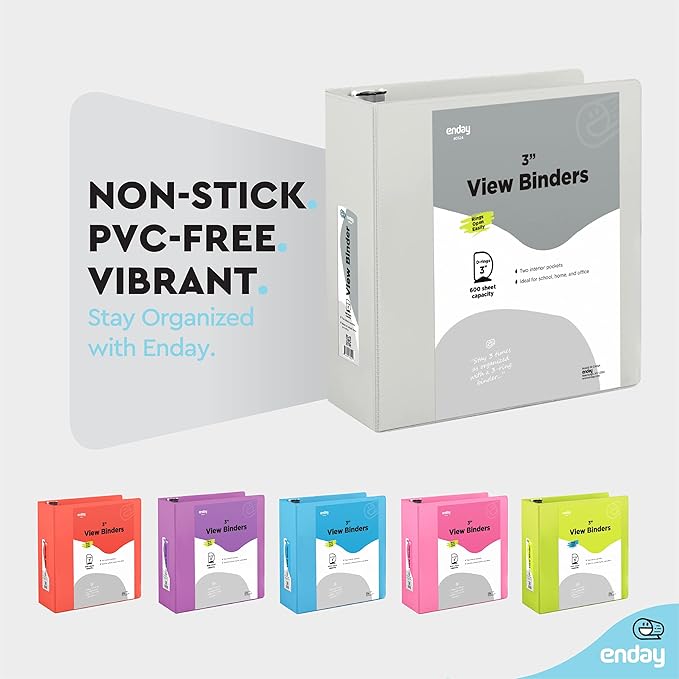 3 Slant D-Ring Binder 3 Inch Grey, 3 in Clear View Cover with 2 Inside Pockets Binder, Heavy Duty Colored School Supplies Binders,Also Available in Green, Red, Purple, Blue, Pink (12 PC) – by Enday