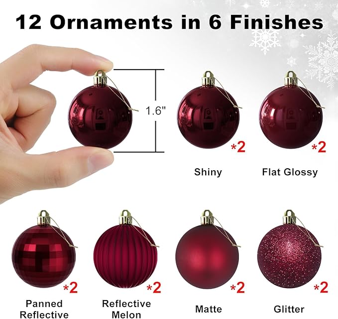 Maroon 1.6" Small Christmas Balls Christmas Tree Decoration Ornaments Shatterproof Hanging Balls for Birthday Halloween Holiday Wedding Decorations Set of 12pcs