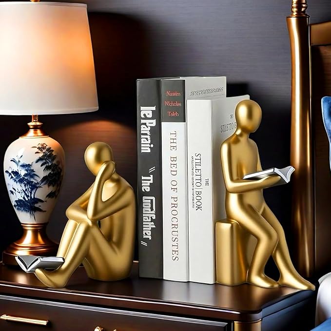 Home Decorative Reading Book Statue Bookends Elegant Resin Bookshelf Room Office Desk Decor,Paper Weights, Book Ends,Bookend Supports, Book Stoppers, Set of 2 (Gold and Silver)
