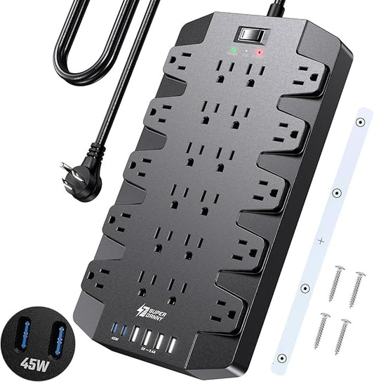 PD 45W Fast Charging Power Strip Surge Protector with 22 Outlet + 6 USB Port, SUPERDANNY 1875W/15A, 2100J, 6.5ft 45° Plug Mountable Extension Cord for Home,Office,Dorm,Gaming,PC,Streaming