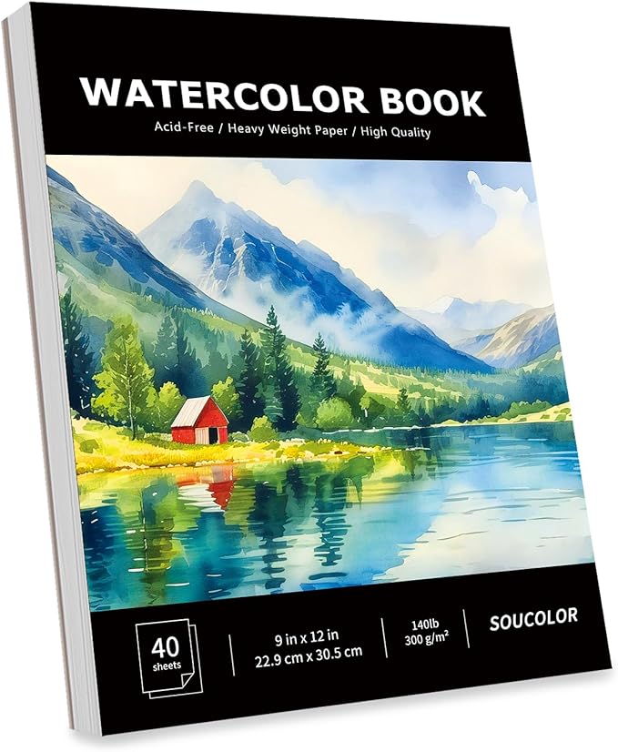 Soucolor Watercolor Paper Pad, 9"x12" Water Color Paper, 140lb/300gsm 40 Sheets Artist Painting Drawing Paper Book, Art Supplies for Adults Kids, Watercolor Paint Set, Sketchbook, Journal, Notebook