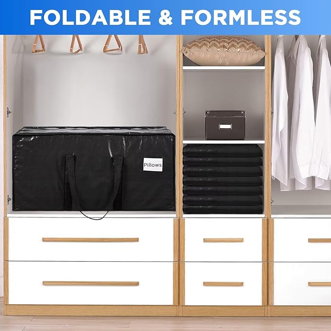 Extra Large Moving Bags Heavy Duty Storage Bags with Zipper Handles, BETU 4 Pack Clothes Storage Totes Bins Packing Moving Boxes, Moving Supplies for College Dorm Essentials, Space Saving, Black